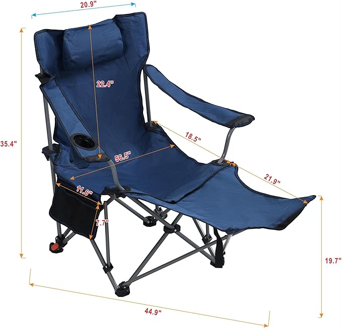 Folding Camping Chairs Portable Beach Chairs with Foot Rest Adjustable Recliner Chairs with Side Pockets &amp Cup Holder for Camping Picnics Fishing Beaches Barbecuesand (Blue)