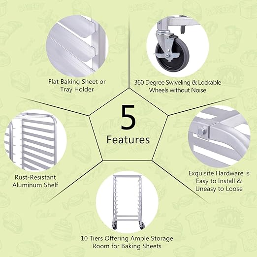 Giantex 10 Tier Aluminum Bakery Rack Commercial Kitchen Bun Pan Sheet Pan Rack Mobile Bakers Trolley with Storage Cooling Racks and Lockable Casters