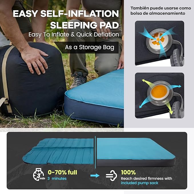 FUNDANGO 4'' Thick Self Inflating Sleeping Pad with Foam 8.7 R Value XL Double Mattress Outdoor Portable Camping Air Mat for Tent Car or Home