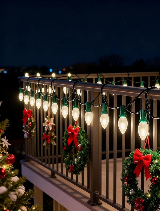 25FT C7 LED Christmas LightsFrosted White LED C7 Christmas String Lights with 27 LED BulbsCommercial Hanging Lights Candle House Porch Balcony Party Decor