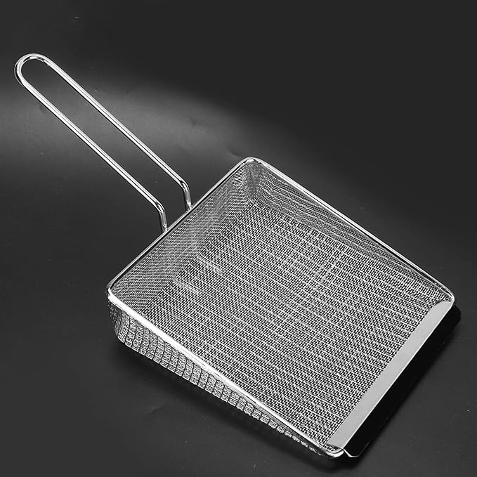 Multi Function Stainless Steel Frying Shovel Kitchen Mesh Scooper Strainer for French Fries Deep Fry Filter with Long Heat Handle for Home and Restaurant Use
