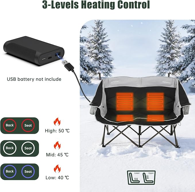 SUNNYFEEL Heated Double Camping Chairs Padded Loveseat Chair for 2 Person Heavy Duty Oversized Camping Couch 600lbs for Adults Portable Outdoor Lawn Chair with Cup Holder for Outdoor Patio RV Camping