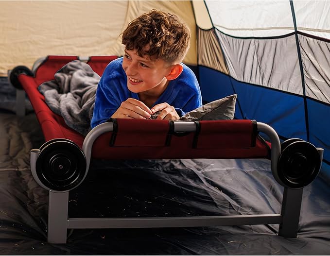 Disc-O-Bed Youth Single Cot Kid-O-Bed with Storage Organizer for Easy Gear Access &amp Carry Bag Transport Indoor or Outdoor Use Red