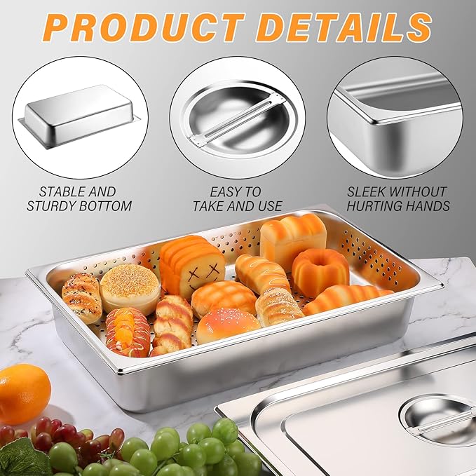 Ferraycle 3 Pack Full Size 2.6 Inch 4 Inch Hotel Pan with Lid Perforated Steam Table Pan Restaurant Supplies for Kitchen Steam Table Tray for Food Warmer