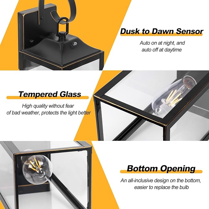 Large Dusk to Dawn Outdoor Wall Light 19 Black Outside Farmhouse Wall Sconce Industrial Wall Mount Light Fixture Waterproof Modern Porch Lighting Exterior Lamp for House -with Gold Trim