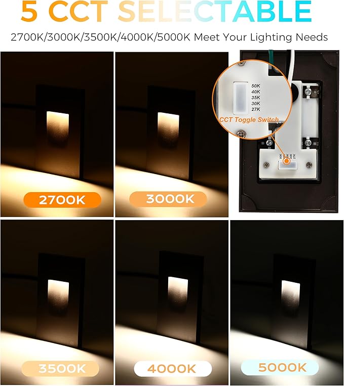 CLOUDY BAY 120V Dimmable 5 Color LED Indoor Outdoor Step Light2700K/3000K/3500K/4000K/5000K 3W 35lmStair LightsBlack6 Pack