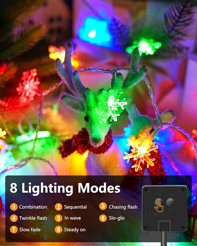 Brightown Solar Christmas Snowflake String Lights 72FT 200 LED Outdoor Waterproof Fairy Lights with 8 Lighting Modes for Wedding Party Tree Room Garden Patio Yard Home Muliticolor