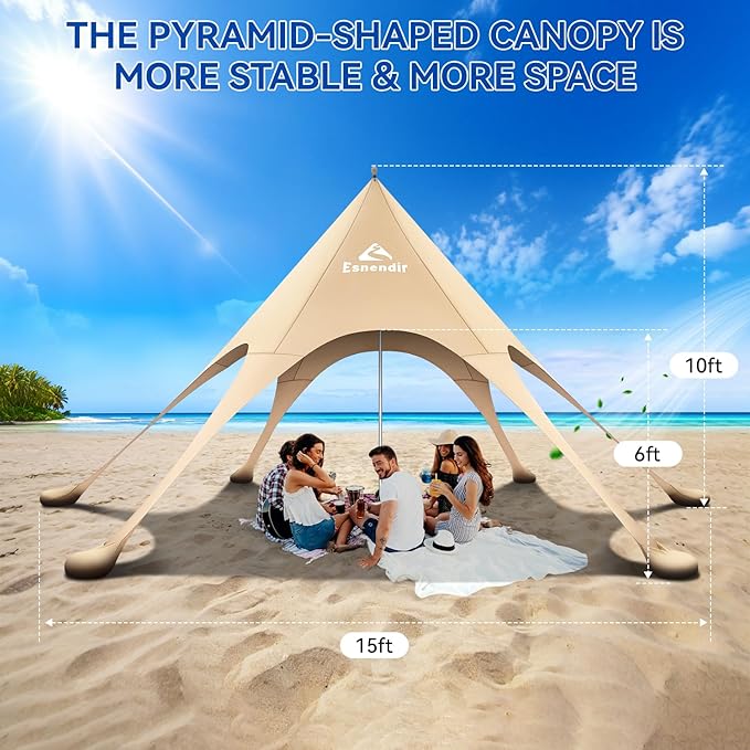 Beach Tent Sun Shelter &amp Portable Beach Canopy UPF 80+ UV Protection Beach Shade Canopy with 6 Sandbags Sand Shovel Ground Pegs for Outdoor Camping Picnics (Beige12x12FT)
