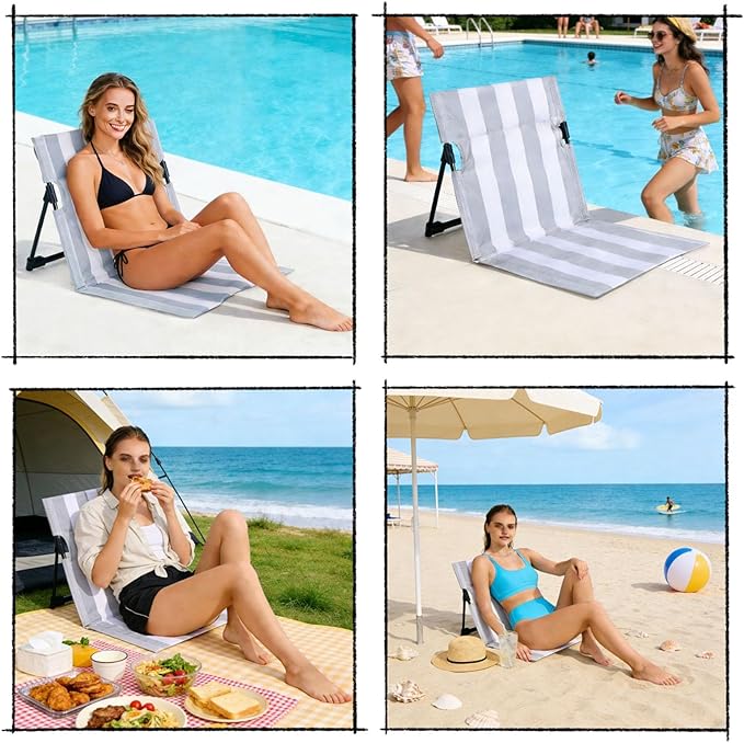 Stripes Foldable Pool ChairsUltra-Light Portable Beach Chair with Carry Bag for Sunbathing Swimming Poolside Picnic Lawn Road Hiking Trips (2 Grey and White)