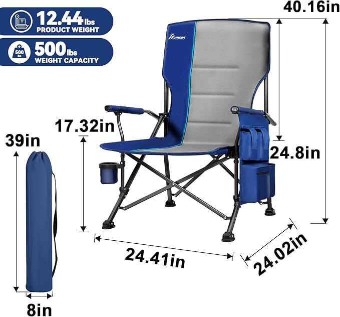 Romswi Oversized Camping Chairs 2 Pack 500 LBS Heavy Duty Folding Lawn Chairs with Hard Armrests Wide Seat Outdoor Chairs with Cup Holder &amp Side Pocket for Camping Beach Sports Backyard