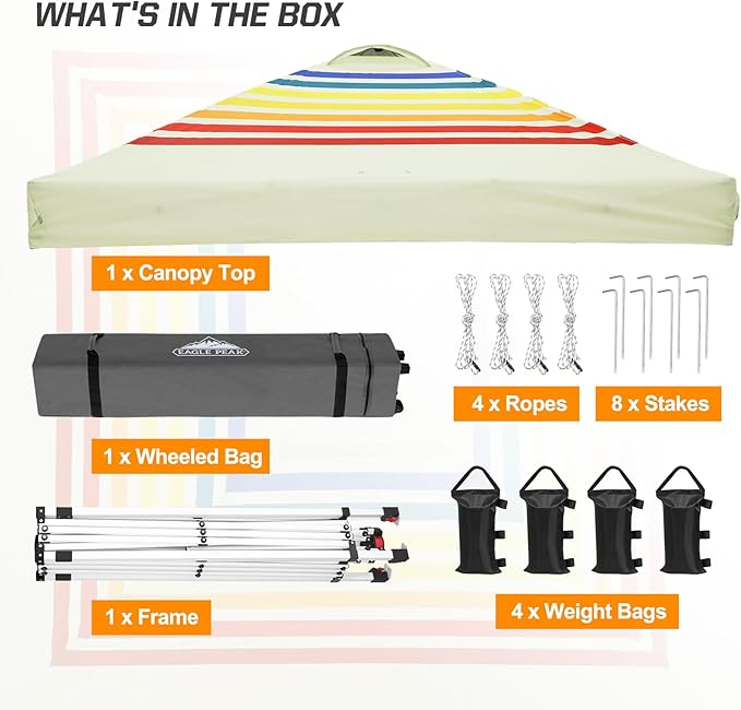 EAGLE PEAK Pop Up Canopy Tent with Wheeled Carry Bag 8 Stakes 4 Ropes 4 Weight Bags Easy Set Up Tent Canopy 10x10 ft 100sqft of Shade Retro Stripe Tan