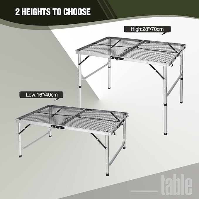 REDCAMP 36x24 Folding Grill Table for Outside Lightweight Portable Metal Aluminum Outdoor Grill Table with Adjustable Height Legs Great for Camping Picnic Cooking BBQ Silver 3ft
