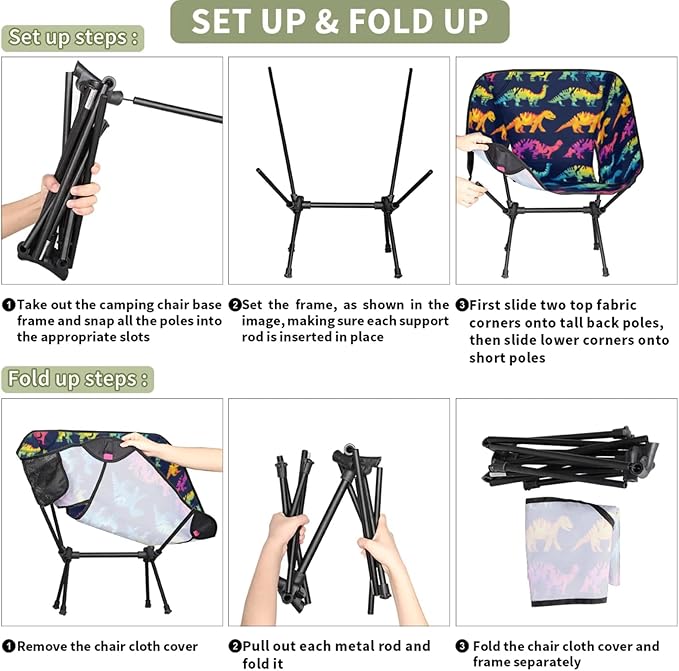 Honeybaby Folding Camping Chair Cool Dinosaurs Camping Chairs Lightweight Portable Chair Outdoor Foldable Chairs for Camping Travel Picnic Beach Hiking