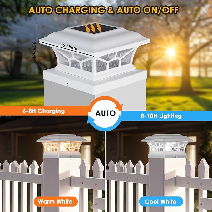 4 Pack Solar Post Cap Lights Outdoor Waterproof Fits 4x4 5x5 6x6 Wooden &amp Vinyl Fence Decks Edison LED Bulb with Warm &amp Cool White Light Modes (Classic White 4)