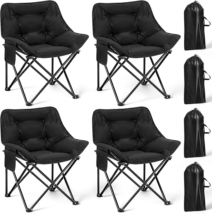 Redbaker 4 Pack Padded Camping Chairs for Adults Oversized Heavy Duty Folding Lawn Chair 400 Lbs Support with Carry Bag for Outdoor Camping Beach Fishing Patio Black