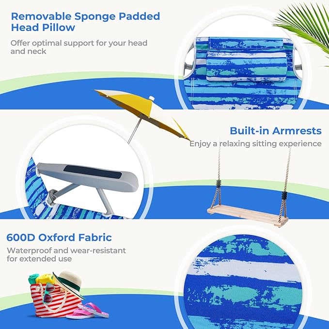Giantex 2-Pack Backpack Beach Chair - Foldable Camping Chair with 5 Adjustable Position Cup Holder Storage Pockets Straps Towel Rack Pillow Lay Flat Lawn Chair for Patio Outdoor Blue Stripe