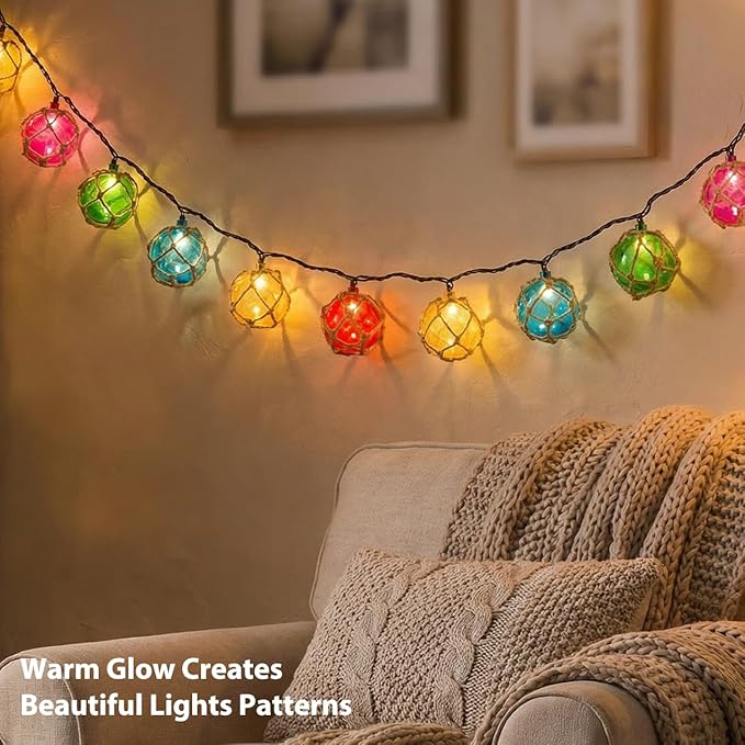 Decorative String Lights Plug in with 10 Incandescent Bulbs Nautical Fishing Float String Lights Connectable Weatherproof for Indoor Home Tiki Bar Decor and Outdoor Patio Decorations (Multi-color)