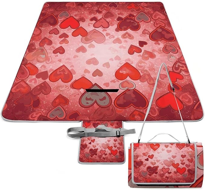 Love Heart Shape Beach BlanketPortable Waterproof Picnic Blanket58.3''x 58.3'' Extra Large Picnic Mat for BeachCamping Grass Lawn Park Accessorie for Festival BBQ