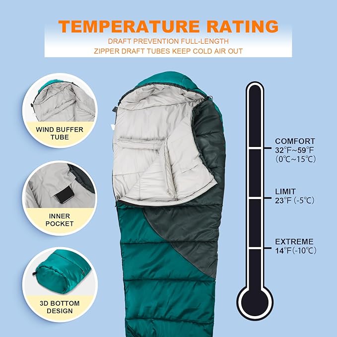 Northroad Mummy Sleeping Bag 14-59 ℉ 3-4 Season Warm &amp Cool Weather Summer Spring Fall Lightweight Washable Sleeping Bag for Outdoor Camping Hiking Travel Hunting