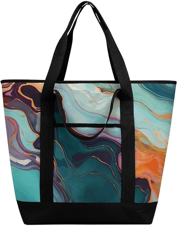 Insulated Shopping BagLarge Reusable Cooler Bags Colourful Marble Printed Foldable Shopping BagTravel Waterproof Shoulder Bag