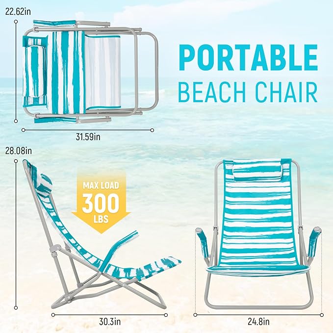 #WEJOY High Back Beach Chair for Adults Heavy Duty Beach Chairs for Adults with Headrest Lightweight Portable Chair for Camping Sand Lawn Support to 300lbs Green
