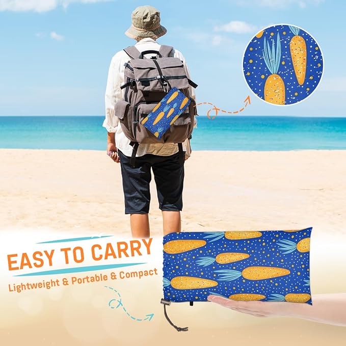 Waterproof Sandproof Beach Blanket 59''×68'' Star Carrots Polyester Outdoor Picnic Blanket with 4 Stakes &amp Storage Bag for BeachCampingVacation Blue