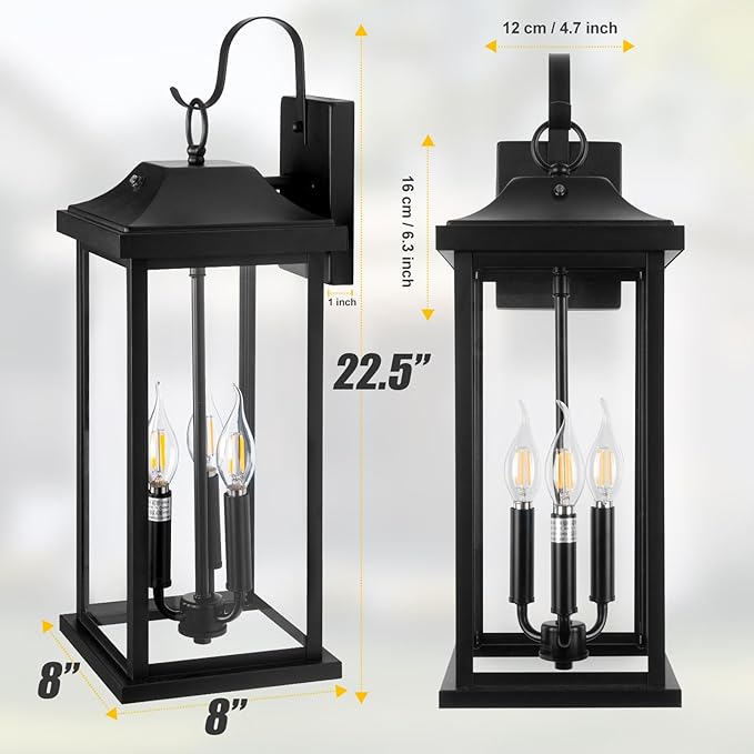 2-Pack Dusk to Dawn Outdoor Lighting 23 Inch Extra Large 3-Light Modern Black Outdoor Wall Lights Exterior Lighting Fixtures IP65 Waterproof Outdoor Lanterns Photocell Sensor E12