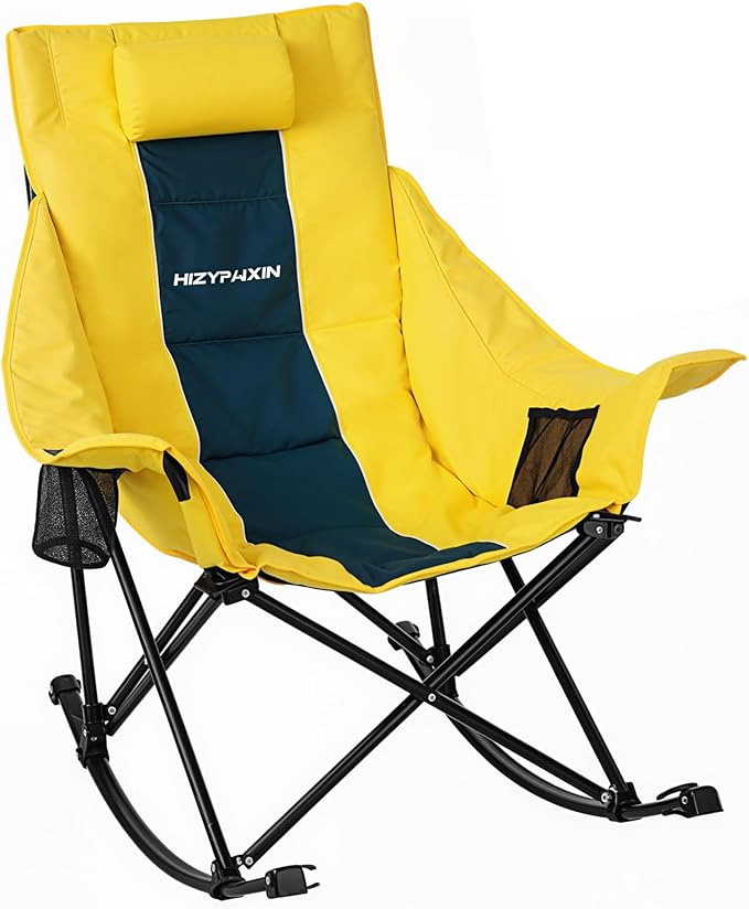 Oversized Rocking Camping Chair for Adults with Headrest Portable Rocking Chair with Cup Holder Side Pocket &amp Carry Bag 400 lbs Heavy Duty Outdoor Rocker Chair for Camp Patio Yellow