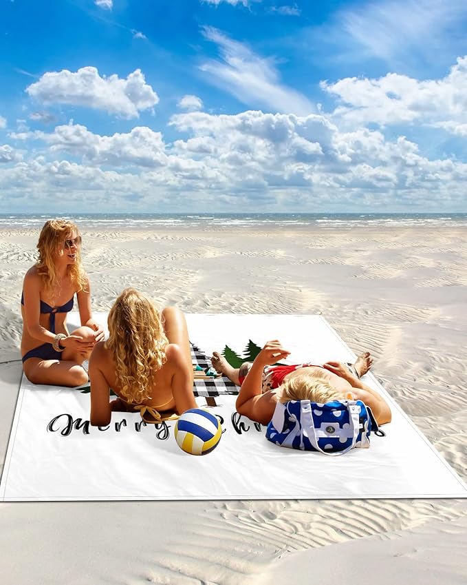 Beach Blanket Waterproof Sandproof OversizedMerry Christmas Trees Black Checker Beach Mat with Corner Stakes Sand PocketsWinter Tree Shadow on White Outdoor Picnic Mat for Travel Camping 95x80In