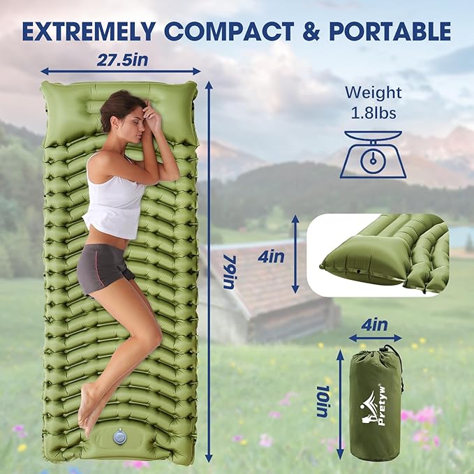 Sleeping Pad for Camping - Ultralight Camping Mattress with Pillow Built-in Foot Pump Compact Inflatable Portable Mat for Backpacking Hiking Car Traveling Beach Tent