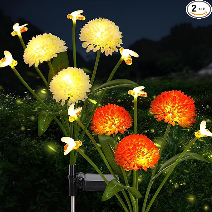 Solar Garden Lights Outdoor Waterproof 2 Packs Solar Swaying Bee Lights with Fake Flowers Fairy Lights Outdoor Patio Yard Pathway Decoration Ideal Gifts for Women Mother's Day