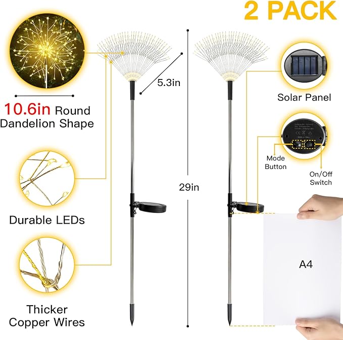 suddus Solar Garden Lights Outdoor Waterproof Decorative 2Pack 150LED Firework Lights Solar Fairy Lights for Yard Garden Party Patio Pathway Flowerbed - Warm White