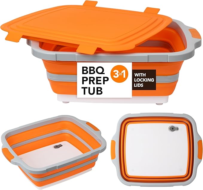 Tiawudi Large Collapsible BBQ Prep Tub with Locking Lid Basket for Meal Prep Marinating Food Storage Plastic Cutting Board(4.22 Gal/16L) Camping Sink with Colander Dish Basin