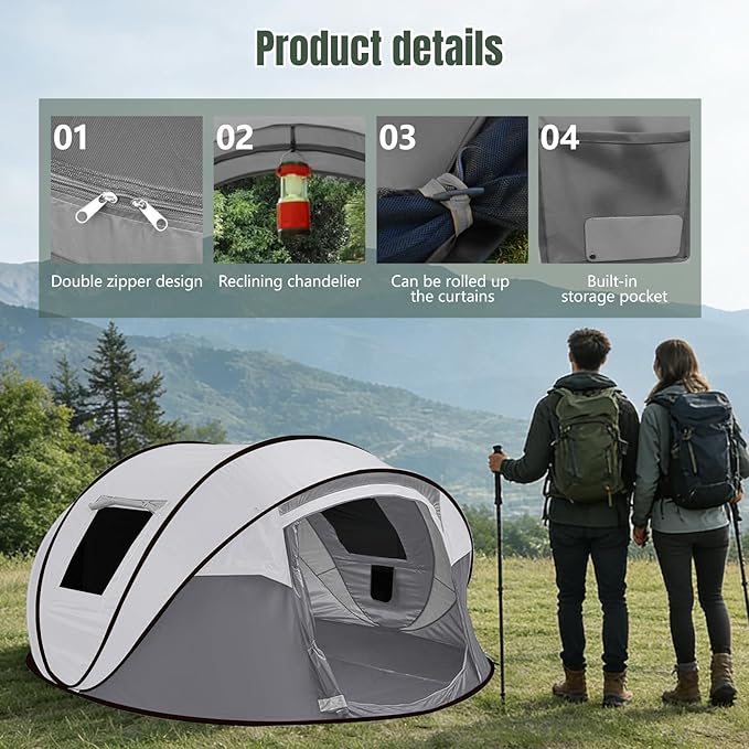 Instant Pop Up Camping Tent 4-6 Person TentsAutomatic Set Up Tent in 3 SecondsWaterproof Sunshade Family TentPortable Lightweight Dome Tent for Outdoor CampingHikingTravel &amp Beach