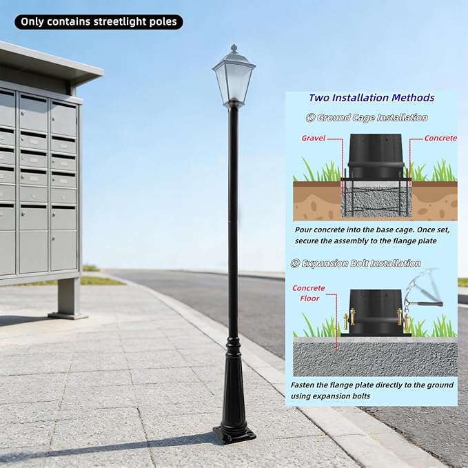 12.5FT Outdoor Lamp Post Split Street Light Pole with Top Globe &amp Ground Cage Lighting Post Fixtures for Pathway Courtyard Parking Lot Fits Standard 3 Post Top Fixtures (12.5FT 275+76mm)