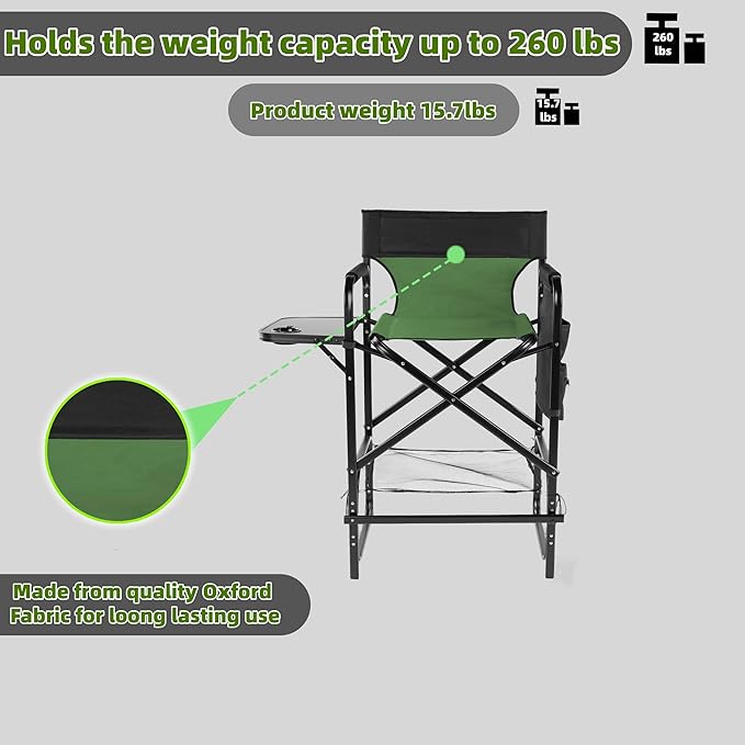 27.1‘' Seat Height Camping Directors Chair Iron Frame and Oxford Fabric Supports 260 lbs Foldable and Portable with Side Storage Bag and Side Table a Folding or Camping Chair