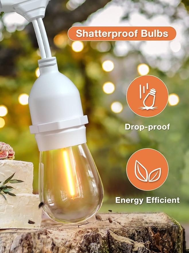 addlon 96FT(48FT*2) LED Outdoor String Lights Dimmable Edison Vintage Shatterproof Bulbs and Commercial Grade Weatherproof Strand - ETL Listed Heavy-Duty Decorative Cafe Patio Market Light White
