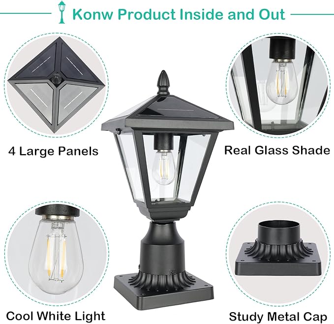Solar Post Lamp Lights Metal and Glass Built Dusk to Dawn Solar Post Lights with Pier Mount Base 6000K Outside Lights Outdoor Waterproof for Garden Yard Pole Pillar(Cool White)
