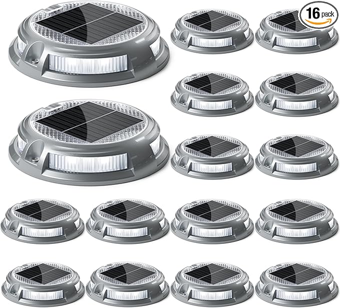 SIEDiNLAR Solar Driveway Lights Outdoor 16 LEDs 9 Modes Dock Markers Deck Lights Waterproof Warning for Driveway Ground Step Walkway Pathway Yard Garden RGB (16 Pack)