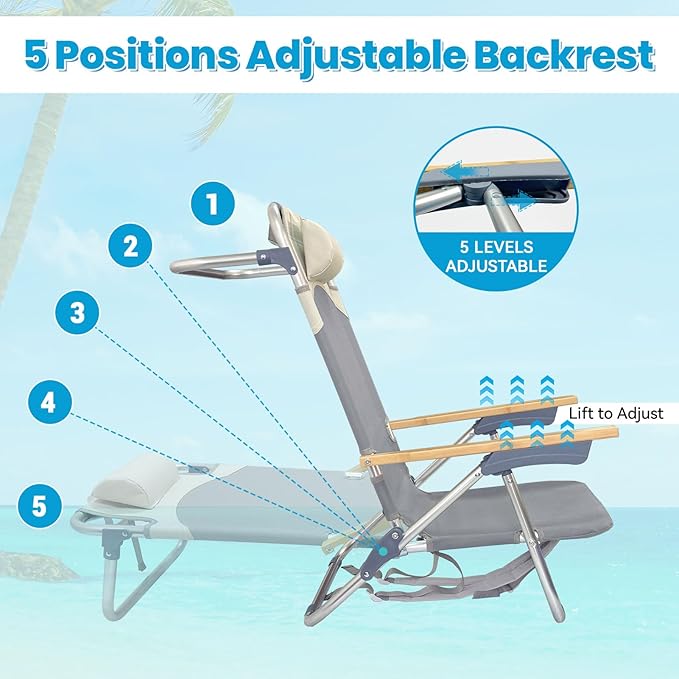2 Pack Low Backpack Beach Chair with Folding Bamboo Table for Adults 5-Position Lay Flat Reclining Chair Lightweight with Cooler Bag Supports 265 lbs