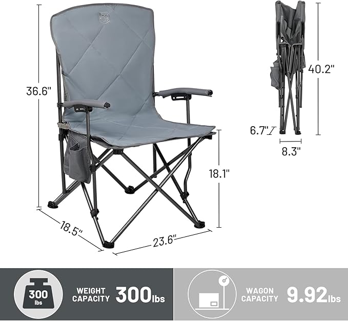 Timber Ridge Folding Camping Chair Removable Seat Padded Lawn Chairs Foldable Outdoor Camp Chair for Adults Supports Up to 300 LBS Grey