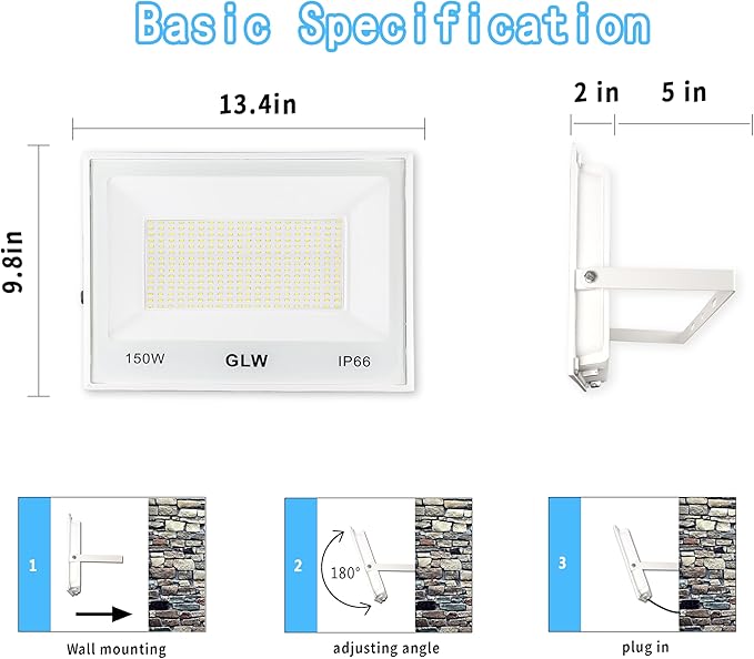LED 150W Flood Light IP66 Waterproof Super Bright Work Lights13000lm 6500K Daylight White Outdoor Spotlight for GaragePlaygroundsParking LotBasketball Court