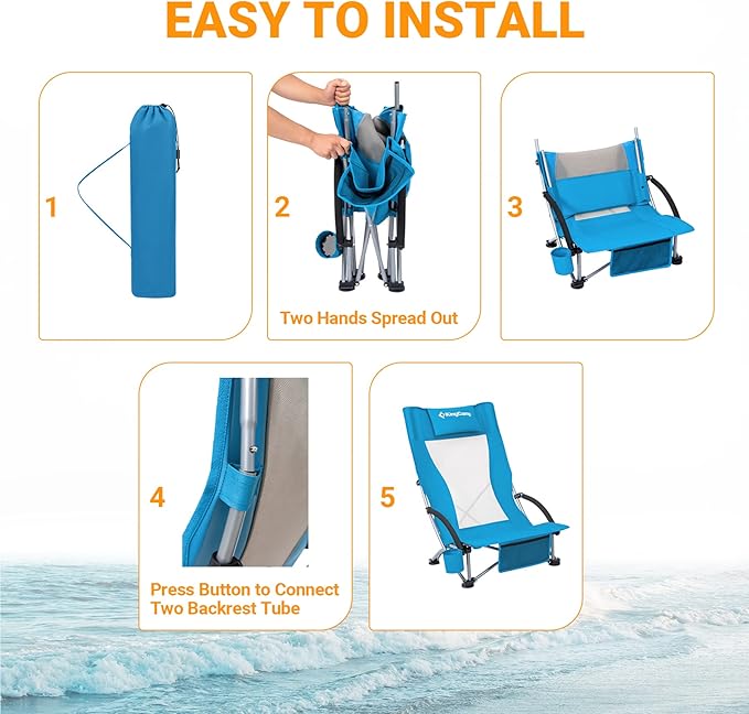 KingCamp Low Beach Chair High Back Folding Camping Chair for Adults Oversized Breathable Mesh Seat 300lbs Heavy Duty Portable Chair with Cup Holder &amp Storage Pockets for Beach Outdoor