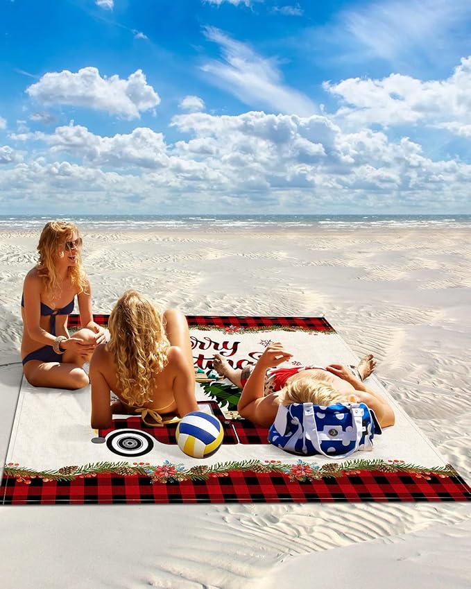 Beach Blanket Waterproof Sandproof OversizedChristmas Red Buffalo Check Farm Truck Trees Beach Mat with Corner Stakes Sand PocketsWinter Snowflake Flower Berries Picnic Mat for Travel 83x79In