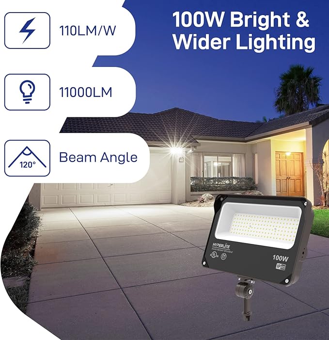HYPERLITE LED Flood Light 100W 11000LM 5000K Flood Lights Outdoor with Knuckle Mount IP65 Waterproof Flood Lights for YardGardenPlayground UL Certified
