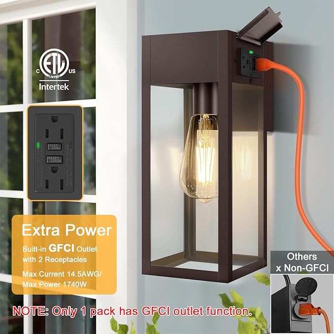 2 Pack Porch Lights Outdoor Wall Sconce Outdoor Light with GFCI Outlet Waterproof Exterior Wall Lantern Light Fixtures Anti-Rust Wall Lamp for Patio Doorway Garage- Oil Rubbed Bronze
