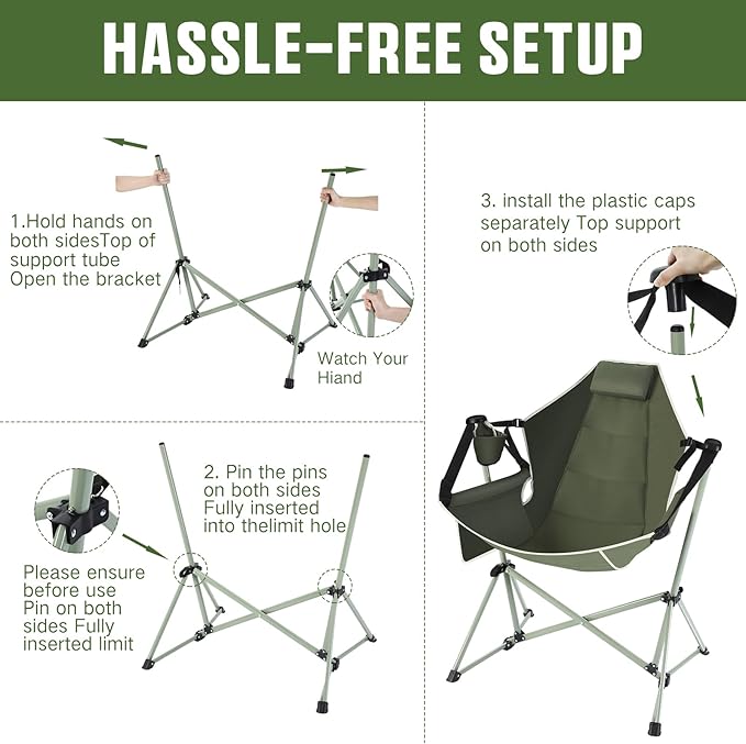 2 Pcs Hammock Camping Chair with Adjustable Backrest Heavy Duty Folding Swinging Chair Supports 300lbs Portable for Camping Travelling and Patio Green