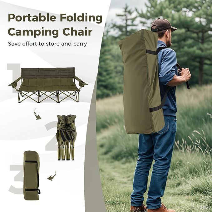 Tangkula 3 Person Oversized Camping Chair Fully Padded Folding Camp Chair with Adjustable Armrests Cup Holders Carrying Bag Portable Outdoor Lawn Chair for Camping Support 900LBS
