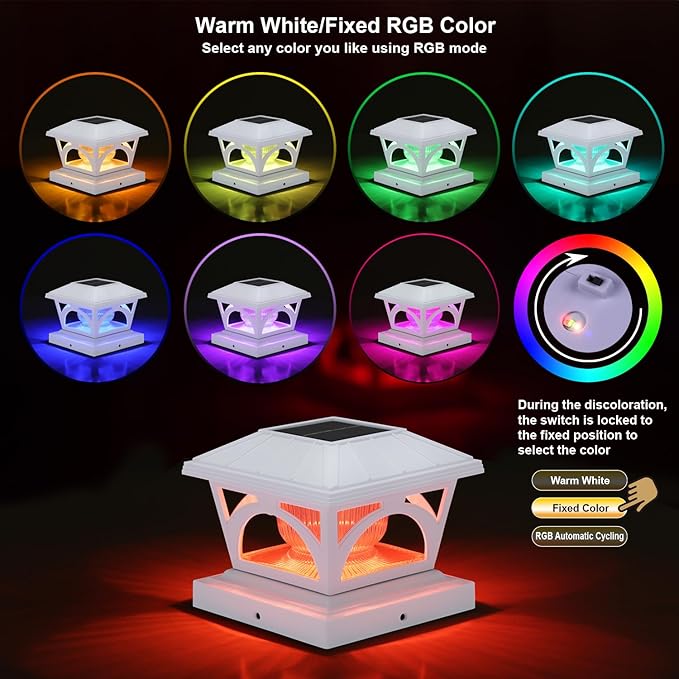 Solar Post Cap Lights 9 Colors to Choose 20 Lumens Warm White &amp RGB Automatic Cycling &amp Fixed RGB Color 3 Modes for 3.6x3.6 4x4 4.5x4.5 5x5 Wooden/Vinyl Posts Decoration White 6 Pack