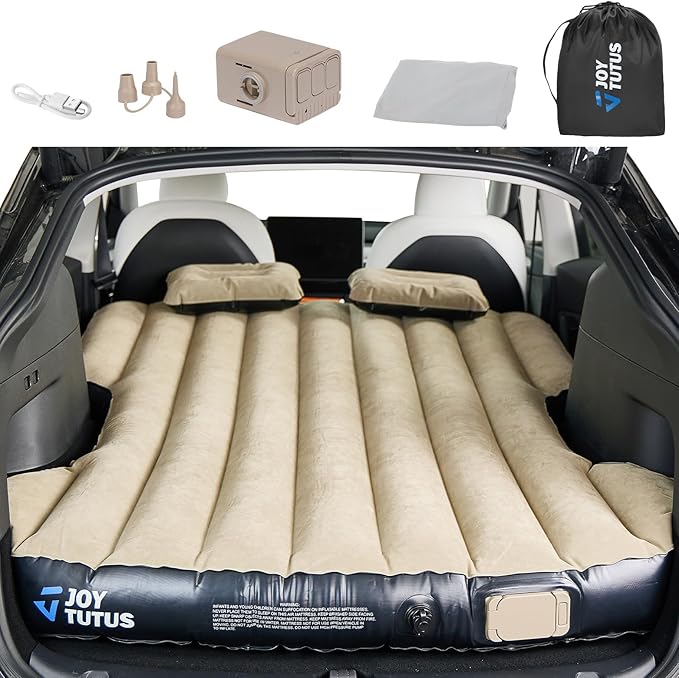 JOYTUTUS Model Y Air Mattress Self-Inflating Camping Bed Compatible with Tesla Model Y Upgraded Built-in Pump Soft Bed Sheets 2 PillowsCamel